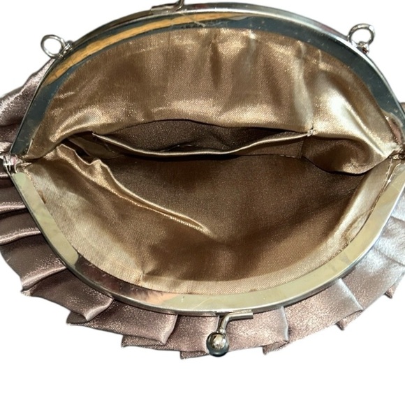 Vintage Taupe Satin Evening Bag Clutch with Gold Fabric Rose and Beaded Strap - Picture 8 of 9